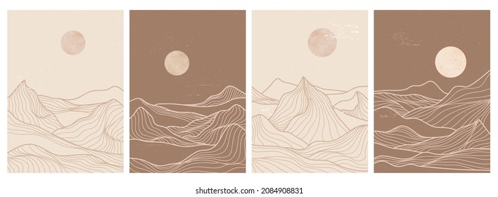set of creative minimalist modern line art print. Abstract contemporary aesthetic backgrounds landscapes. with mountain, desert, sea, skyline, wave. vector illustrations