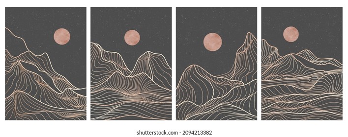 set of creative minimalist modern line art print. Abstract contemporary aesthetic backgrounds landscapes. with mountain, desert, sea, skyline, wave. vector illustrations