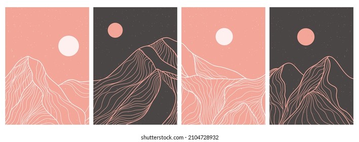 set of creative minimalist modern line art print. Abstract mountain contemporary aesthetic backgrounds landscapes. with mountain, desert, moon, skyline. vector illustrations