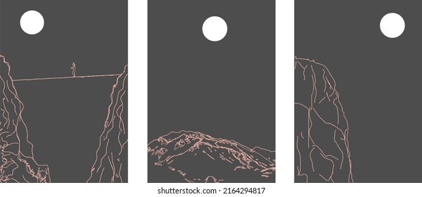 Set kreativer minimalistischer, moderner Line Art Print. Abstrakte Berge, Felsen, hügelige, zeitgenössische ästhetische Hintergründe Landschaften. mit Berg, Wald, Skyline, Welle. Vektorgrafiken