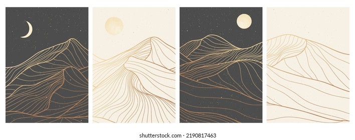 conjunto de líneas de arte moderno minimalista creativo. Resumen de paisajes estéticos contemporáneos de montaña. con montaña, luna, mar, horizonte, ola. ilustraciones vectoriales