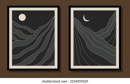 set of creative minimalist modern line art print. Abstract mountain contemporary aesthetic backgrounds landscapes. with mountain, desert, sea, skyline, wave. vector illustrations