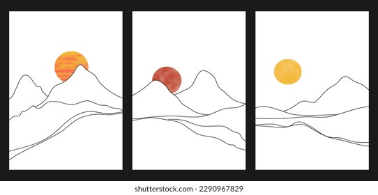 set of creative minimalist modern line art print. Abstract mountain contemporary aesthetic backgrounds landscapes. with mountain, sun, sea. vector illustrations