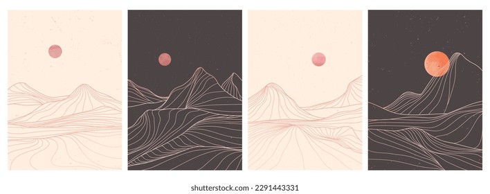 set of Creative minimalist modern line art print. Abstract mountain contemporary aesthetic backgrounds landscapes. with mountain, hills, sea, moon, wave. vector illustrations