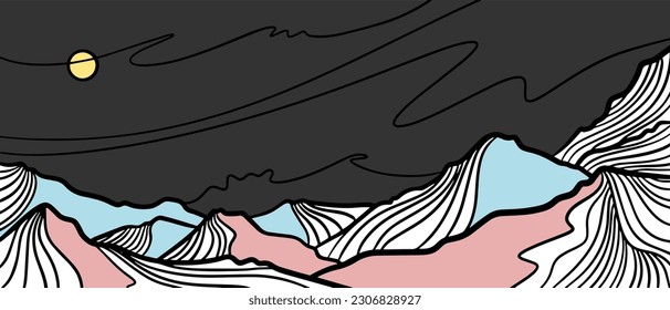 set of creative minimalist modern line art print. Abstract mountain contemporary aesthetic backgrounds landscapes. with mountain, forest, sea, skyline, wave. vector illustrations