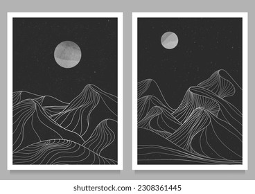 set of creative minimalist modern line art print. Abstract mountain contemporary aesthetic backgrounds landscapes. with mountain, hills, desert, skyline, moon. vector illustrations