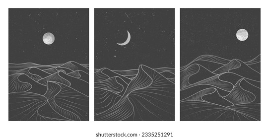 conjunto de líneas de arte moderno minimalista creativo. Resumen de paisajes estéticos contemporáneos de montaña. con desierto, montaña, bosque, horizonte, ola. ilustraciones vectoriales