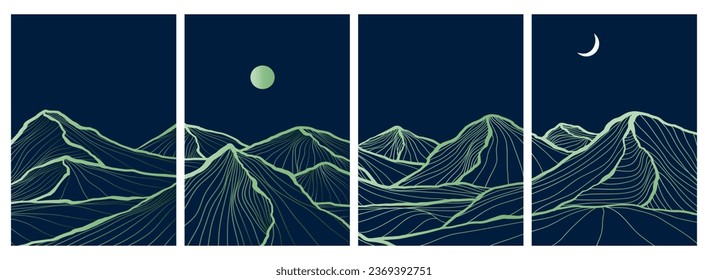 set of creative minimalist modern line art print. Abstract mountain contemporary aesthetic backgrounds landscapes. with mountain, moon, sea, skyline, wave. vector illustrations