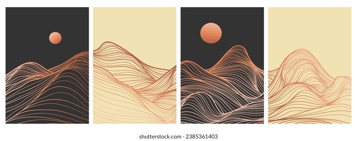 conjunto de líneas de arte moderno minimalista creativo. Resumen de paisajes estéticos contemporáneos de montaña. con montaña, desierto y olas. uso para arte impreso, afiche, portada, banner
