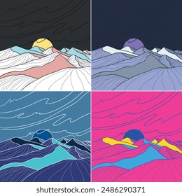 conjunto de líneas modernas minimalistas creativas de impresión de arte de Fondo de pantalla de paisaje. Abstractas paisaje montañoso de estética contemporánea. con montaña, desierto, sol, horizonte, onda. Ilustraciones vectoriales