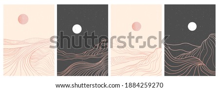 set of creative minimalist modern line art print. Abstract mountain contemporary aesthetic backgrounds landscapes. with mountain, forest, sea, skyline, wave. vector illustrations