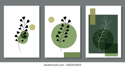 Set of creative minimalist paintings with botanical elements and green shapes. For interior decoration, print and design