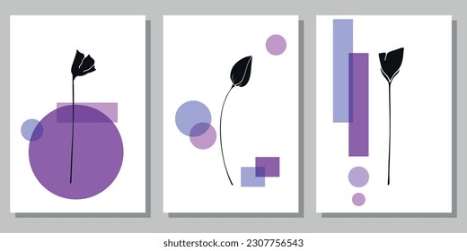 Set of creative minimalist posters with botanical elements and purple shapes. For interior decoration, print and design