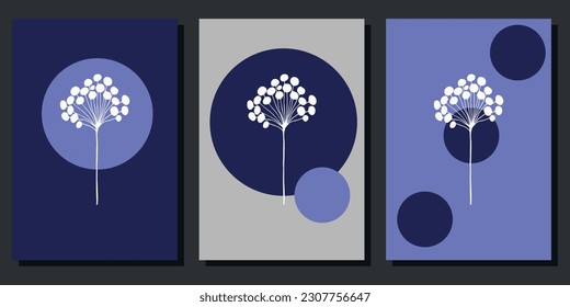 Set of creative minimalist posters with botanical elements and blue shapes. For interior decoration, print and design