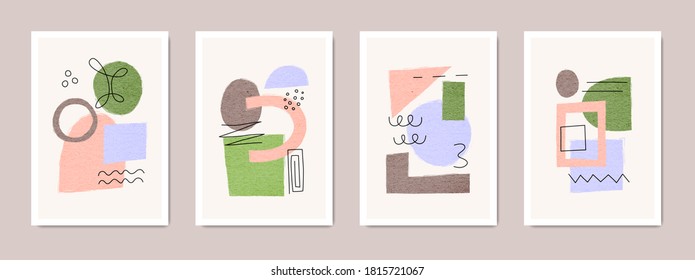 Set of creative minimalist posters or cards with abstract primitive shapes. Geometric contemporary collage illustration. Suitable for brochures, wall decoration, postcards, newsletter, flayers, covers