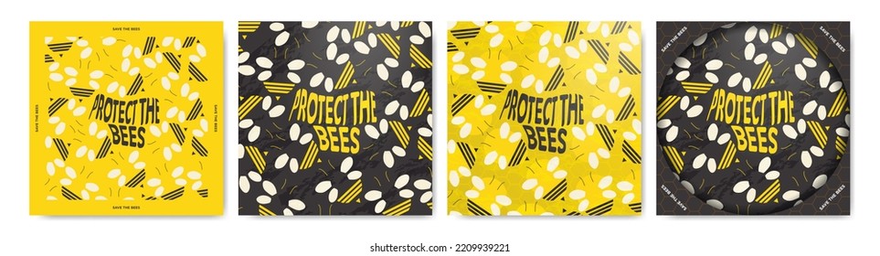 Set of Creative and Minimalist Protect The Bees Artworks. Save the bees tagline. Square card templates and illustrations in yellow and black. Swarm of bees. Flying Bees. Vector Illustration.