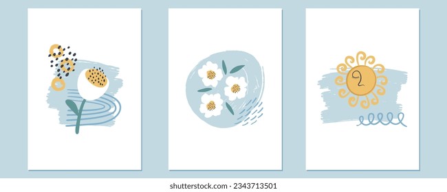 
Set of creative minimalistic abstract posters. Hand drawn vector illustrations with the Sun, flowers, and decorative elements. Boho aesthetic compositions. For card, poster, cover design.