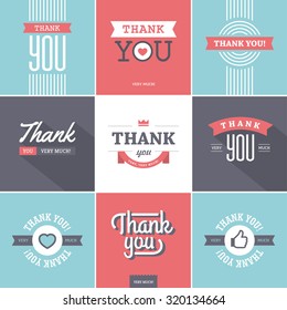 Set of creative minimalistic colorful thank you designs with ribbons, long shadow, heart shape and thumb up like icon for cards, stickers, tags, labels, emblems, etc.