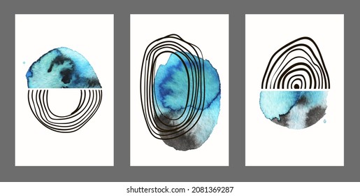 Set of creative minimalistic hand watercolor illustrations for wall decoration, postcard or brochure design. Modern boho Abstract Painting Artwork. Vector Pattern