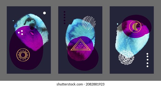 Set of creative minimalistic hand watercolor illustrations geometry sun and moon for wall decoration, postcard or brochure design. Modern boho Abstract Painting Artwork. Vector Pattern