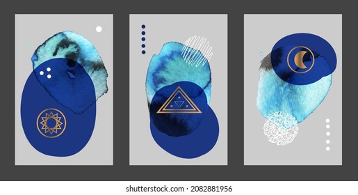 Set of creative minimalistic hand watercolor illustrations geometry sun and moon for wall decoration, postcard or brochure design. Modern boho Abstract Painting Artwork. Vector Pattern