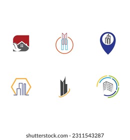 Set von kreativem, modernem, abstraktem Logo für Immobilien, bunter Farbverlauf-Gebäude Immobilien-Beutel Logo-Design-Vorlage