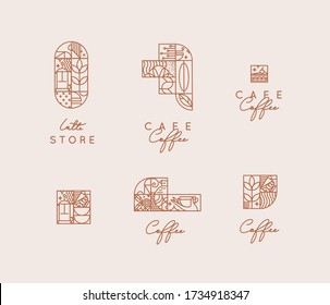 Set of creative modern art deco coffee symbols in flat line style drawing on beige background.