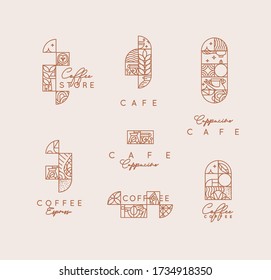 Set of creative modern art deco coffee labels in flat line style drawing on beige background.