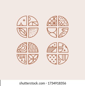 Set of creative modern art deco coffee quartered circles in flat line style drawing on beige background.