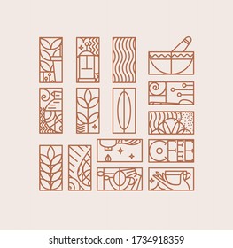 Set of creative modern art deco coffee signs in flat line style drawing on beige background.