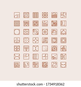 Set of creative modern art deco coffee icons in flat line style drawing on beige background.