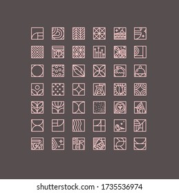Set of creative modern art deco coffee icons in flat line style drawing on brown background.