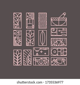Set of creative modern art deco coffee signs in flat line style drawing on brown background.