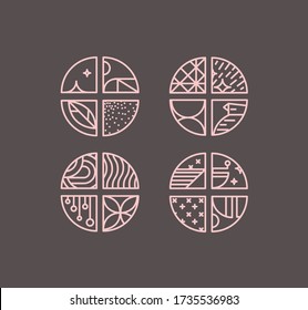 Set of creative modern art deco coffee chevrons in flat line style drawing on brown background.