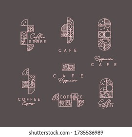 Set of creative modern art deco coffee labels in flat line style drawing on brown background.