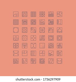 Set of creative modern art deco coffee icons in flat line style drawing on coral background.