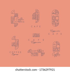 Set of creative modern art deco coffee labels in flat line style drawing on coral background.
