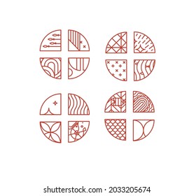 Set of creative modern art deco seafood chevrons in flat line style drawing on white background.