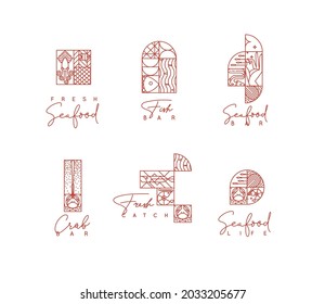 Set of creative modern art deco seafood symbols in flat line style drawing on white background.