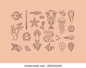Set of creative modern art deco seafood signs in flat line style drawing on beige background.