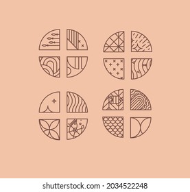 Conjunto de creativos chevrons de mariscos de arte moderno con un estilo de línea plana con un fondo beige.