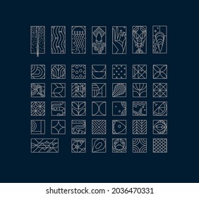 Set Of Creative Modern Art Deco Seafood Icons In Flat Line Style Drawing On Blue Background.