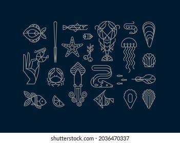 Set of creative modern art deco seafood signs in flat line style drawing on blue background.