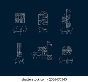 Set of creative modern art deco seafood symbols in flat line style drawing on blue background.