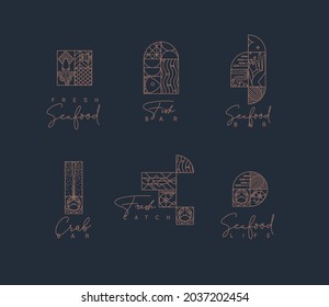 Set of creative modern art deco seafood symbols in flat line style drawing on brown background.