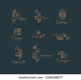 Set von kreativen, modernen Deco-Labels in flacher Linie, die auf blauem Hintergrund zeichnen.