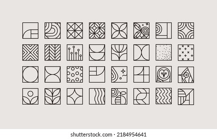 Set of creative modern art deco icons in flat line style drawing on gray background.