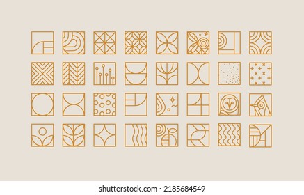 Set of creative modern art deco icons in flat line style drawing on beige background.