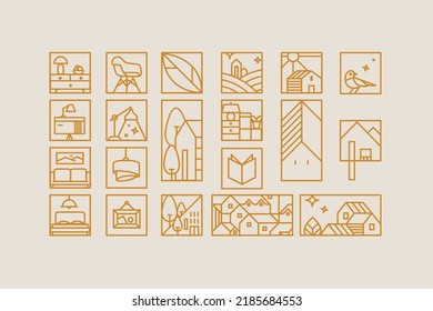 Set of creative modern art deco signs in flat line style drawing on beige background.