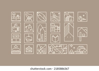 Set von kreativen, modernen Art-Deco-Zeichen in flacher Linie Zeichnung auf Kaffeehintergrund.